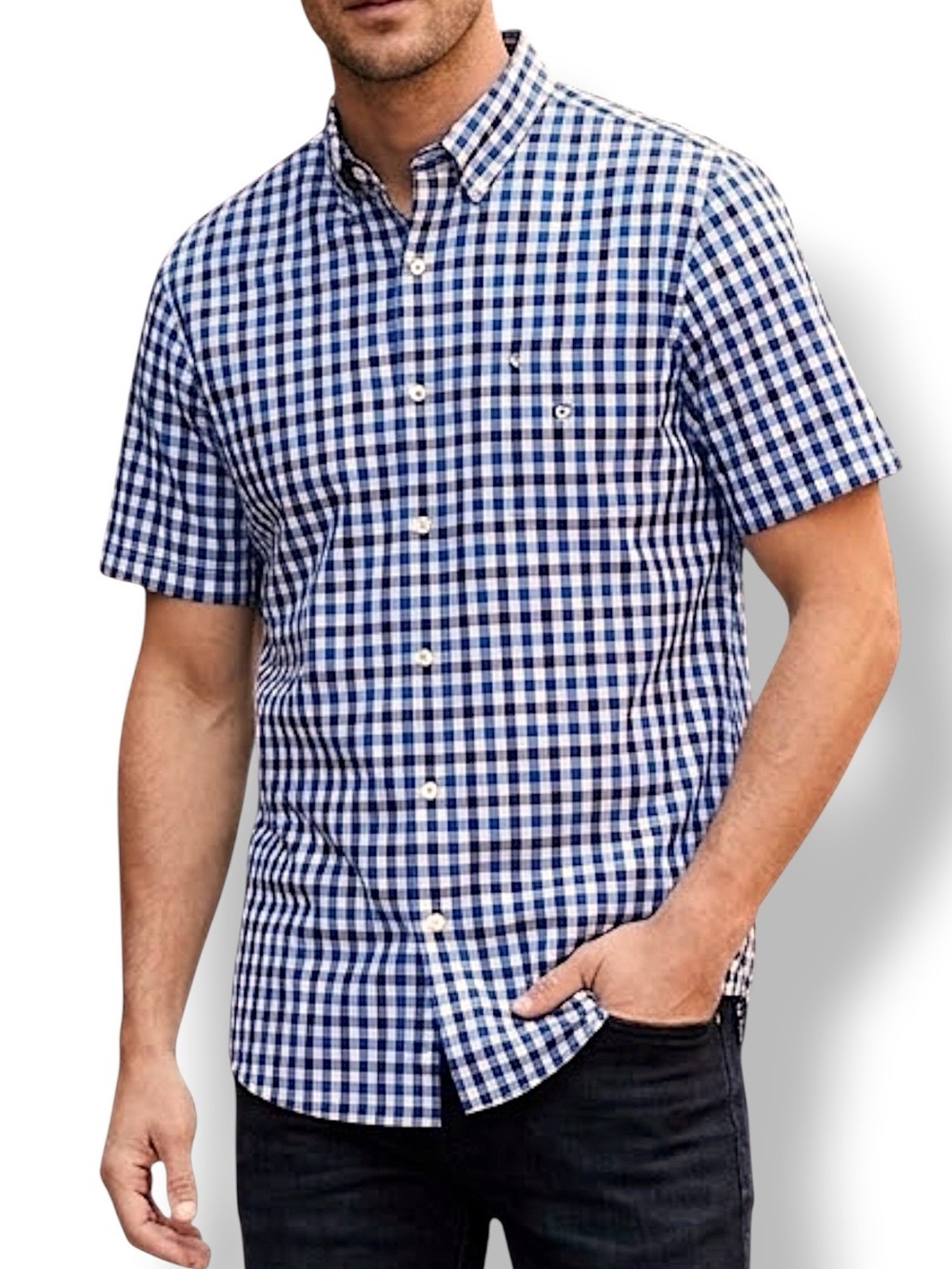 Button Down Collar Cotton Blend Shirt Short Sleeve Gingham Plaid Blue Men 2XLT